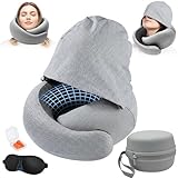 JNUYISW Nackenkissen Flugzeug, Verstellbarer Reisekissen Memory Foam mit Kapuze Unterstützt Kopf...