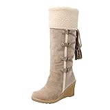 Damenstiefel mit Quasten, hohe Stiefel, Ärmel, Winter, Damenstiefel, umklappbar, beige, 38 EU