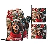 Niedlicher Dackel-Weihnachts-Topfhandschuh und Topflappen-Set, Grillhandschuhe, Backhandschuhe