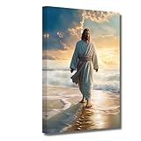LZIMU Jesus Bild auf Leinwand Jesus geht am Strand Leinwand Bild Gott Poster katholisches Kunstwerk...