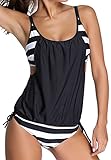 Angerella Damen Schwarz Sport Striped Gefüttert Double Up Tankini Two Pieces Badeanzug...