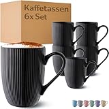 Cosumy Kaffeetassen 6er Set in Schwarz Matt 350ml - Einzigartiges Streifenmuster - Keramik -...