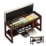BaoBaJiu Schuhbank mit Stauraum aus Massivholz, Sitzbank Flur mit Sitzkissen & Klappfach, 2 Ebenen...