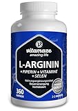 L-Arginin Kapseln hochdosiert, 360 Kapseln mit VITAL-Formel B6, B12, Folsäure, Selen und Piperin...