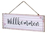 Willkommen Türschild 30x10cm Rosa Weiß Wandschild MDF Holz Holzschild Schild Wanddeko Deko