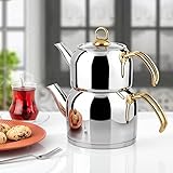 Uzman Türkische Teekanne Tea Pot Ideale Größe Silber Gold auch Induktion geeignet, Caydanlik...