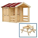 Das Set aus Kinderspielhaus und Kindersitzgarnitur aus Holz - Spielhaus im Freien für Kinder -...