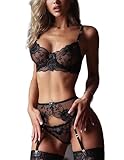 NewBull Damen Sexy Strapsen Dessous-Sets 3-Teilige Unterwäsche Set Transparent Spitze Straps...