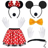 BITOWO Damen Mouse Kostüm Erwachsene mit Mini Mouse Ohren Haarreif Rock Rot Nase Handschuhe Schwanz...