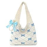 JeVenis Beige Häkeltasche mit Blau SchleifenGroße Aesthetic Strandtasche für Damen Tote Tasche