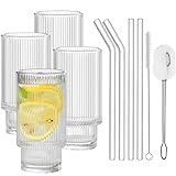ALINK Cocktail Gläser 4er Set, Bier Glas, Can Longdrinkglas, Eiskaffee Gläser mit Strohhalm,2...