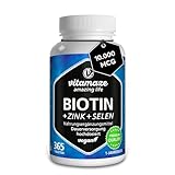 Biotin hochdosiert 10.000 mcg + Selen + Zink für Haarwuchs, Haut & Nägel, 365 vegane Tabletten...