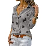 ZYHMD Damen Oberteile Langarm Bluse Casual V Ausschnitt Lose Tops Pullover mit Spitzenarm...