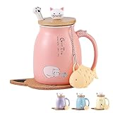 Katzen-Tasse Süße Keramik Kaffeetasse mit deckel,Edelstahl Löffel, Neuheit Morgen Cup Tee Milch...
