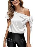 VIDUSSA Damen Bluse Elegant Sommer Schulterfrei Kurzarm Lässige Tops Seidig Satin Shirts Weiß S