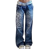 Sawmew Damen Low Waist Wide Leg Jeans Vintage Print Baggy Hose Y2k Distressed Straight Denim Pants...