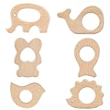 Aoliandatong 6 Stück Holzfiguren Holz Tiere Kinder Beißring,Natrlich Baby Holztiere Beißring,...
