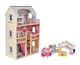 mamabrum Puppenhaus Holz ab 3 Jahre Mädchen – Großes Puppenhaus mit Möbeln & LED Beleuchtung...