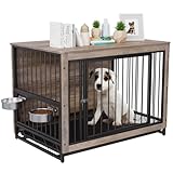 Hundekäfig Möbel für Zuhause, Hundehütte mit 2 Hundenäpfe und Tür, 93cm Holz Hundebox,...