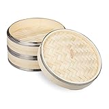 Relaxdays Bambus Dampfgarer, 2 Etagen, mit Metallringen, asiatischer Dampfkorb für Reis, Dim Sum,...