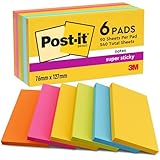 Post-it Super Sticky Notes, Packung mit 6 Blöcken, 90 Blatt pro Block, 76 mm x 127 mm, Gelb, Blau,...