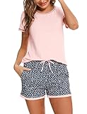 Litherday Schlafanzug Damen Kurz Pyjama Baumwolle Kurzarm Pyjamas Set Star Nachtwäsche Set...