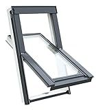 Kunststoff Dachfenster Balio Schwingfenster mit Eindeckrahmen und Rollo (Verdunkelungsrollo) 66x112...