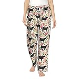 Damen-Pyjamahose mit rosa Blumenmuster, Motiv: Lenker, Kühe und Rinder, bequem, weich, Loungewear...