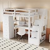 Luxeza Hochbett 90 * 200cm mit Aufbewahrungsschublade Kommode mit Regalen, Sicherheits-Kletterleiter...