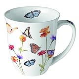 Ambiente Kaffeetasse Henkelbecher Teetasse Mug 400ml Fine Bone China Porzellan Schmetterlinge Blumen...
