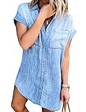 Zilcremo Jeanskleid Damen Sommer Kurzarm Button Down Kurz Denim Kleid Blusenkleid Hemdkleid...