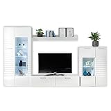 Stella Trading New Long Wohnwand Komplett-Set in Weiß - Moderne Schrankwand mit LED-Beleuchtung...