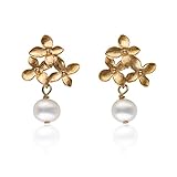 Perlen-Ohrringe matt-gold, vergoldete Blüten-Ohrstecker zierlich, weiße Süßwasser-Perle,...