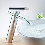 Glas Wasserhahn Waschtischarmatur Chrom Wasserfall Armatur Badezimmer mit Glasauslauf Messing,...