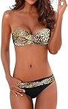 EUDOLAH Damen Bandeau Padded Bikini-Set Trägerlosen Badeanzug Push Up (Medium Z-Leopard)