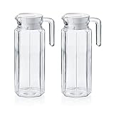 2 Glaskannen Glaskrüge Kühlschrankkannen Kühlschrankkrüge je 1 Liter aus Glas mit weißem...