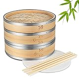 Flexzion Bambus Dampfgarer Set, Asiatischer Bambusdämpfer 2 Etagen mit Edelstahlstreifen & Deckel,...