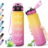 KollyKolla Trinkflasche 1L，Trinkflasche mit strohhalm, Sport Trinkflasche mit Zeitmarkierung,...