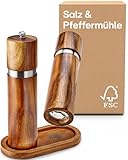 Salz und Pfeffermühle aus Akazienholz mit Untersetzer - Nachhaltiges FSC® Holz - Langlebiges...