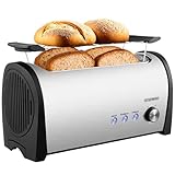 Steinborg Toaster 4 Scheiben mit Brötchenaufsatz XXL Langschlitztoaster Edelstahl Blaue LED...