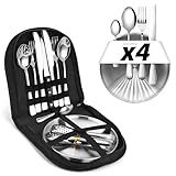 [23-teiliges 4 Personen] Camping Geschirr Set – Besteckset mit Edelstahl Gabeln, Messer und...