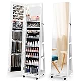 COSTWAY Schmuckschrank mit Rollen, Spiegelschrank abschließbar mit LED-Leuchten & verstellbaren...