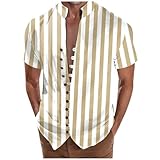 FASLOLSDP Button Down Hemd Herren Slim Fit, Streifen Kurzarm Oberteile Bequemes Leinen Hawaiihemd...