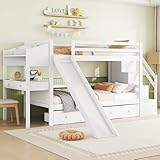 Ymkua Etagenbett Kinderbett 90x200 cm, Hochbett mit Rausfallschutz und Stauraum, Jugendbett Holzbett...