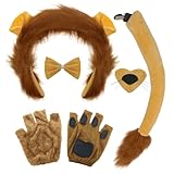FUIPVGI 5 Stück Löwe Kostüm Zubehör Set,Löwenohren Plüsch Stirnband Schwanz Nase Fliege und...