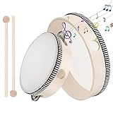 2 Stück Holz Handtrommeln 6 Zoll und 8 Zoll Kinder Tambourine Set, Handheld Tamburin Trommel mit 2...