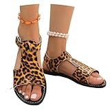 MEECHI Freizeit Sandalen Damen Flache Sandaletten Vintage Römische Sandals Mit Leopard Sommer...