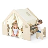 COSTWAY 6-IN-1 Kinderzelt Holz mit Kindertisch & Stuhl & Kinderregal, Kinderspielhaus mit Matte |...