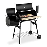 Relaxdays Smoker Grill, Deckel, 2 Ablagen, 2 Räder, Thermometer, Holzkohle, Stahl & Holz,...