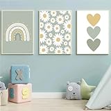 Ueiwffzo 3er Set Poster Kinderzimmer - Boho Gänseblümchen Regenbogen Wandbilder Deko, Leinwand...